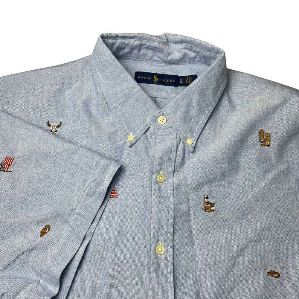 Ralph Lauren Oxford Shirt Mens XL (fits L) Blue Western Americana Embroidered SS